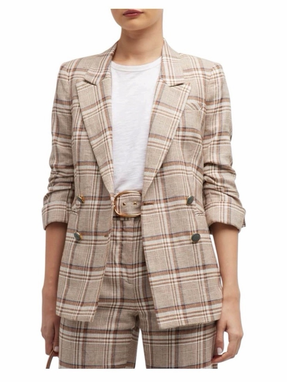 Veronica Beard Plaid Double-Breasted Blazer in Cream and Brown